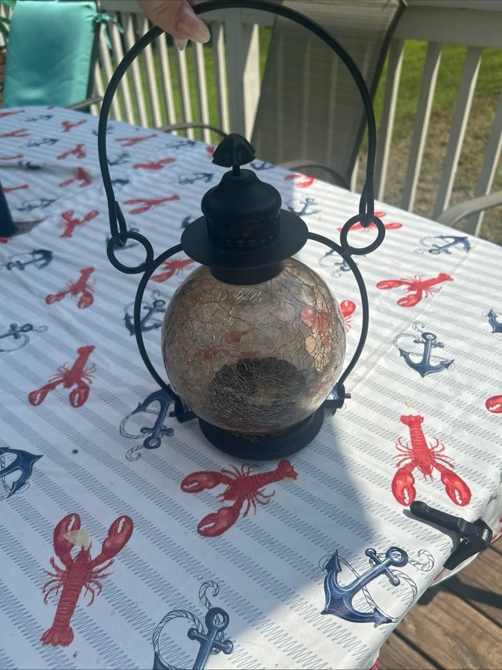 Vtg Rustic Amber Crackle Glass Candle Lantern w rod iron Holder & Swing Handle